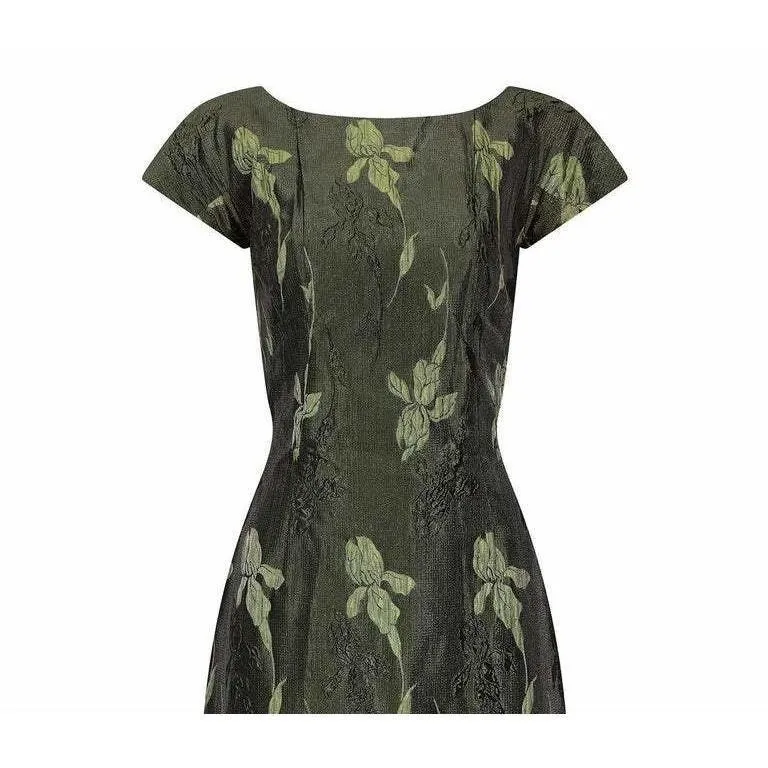 1960s Green Floral Metallic Brocade Dress
