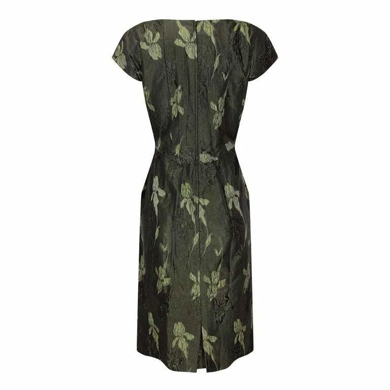 1960s Green Floral Metallic Brocade Dress