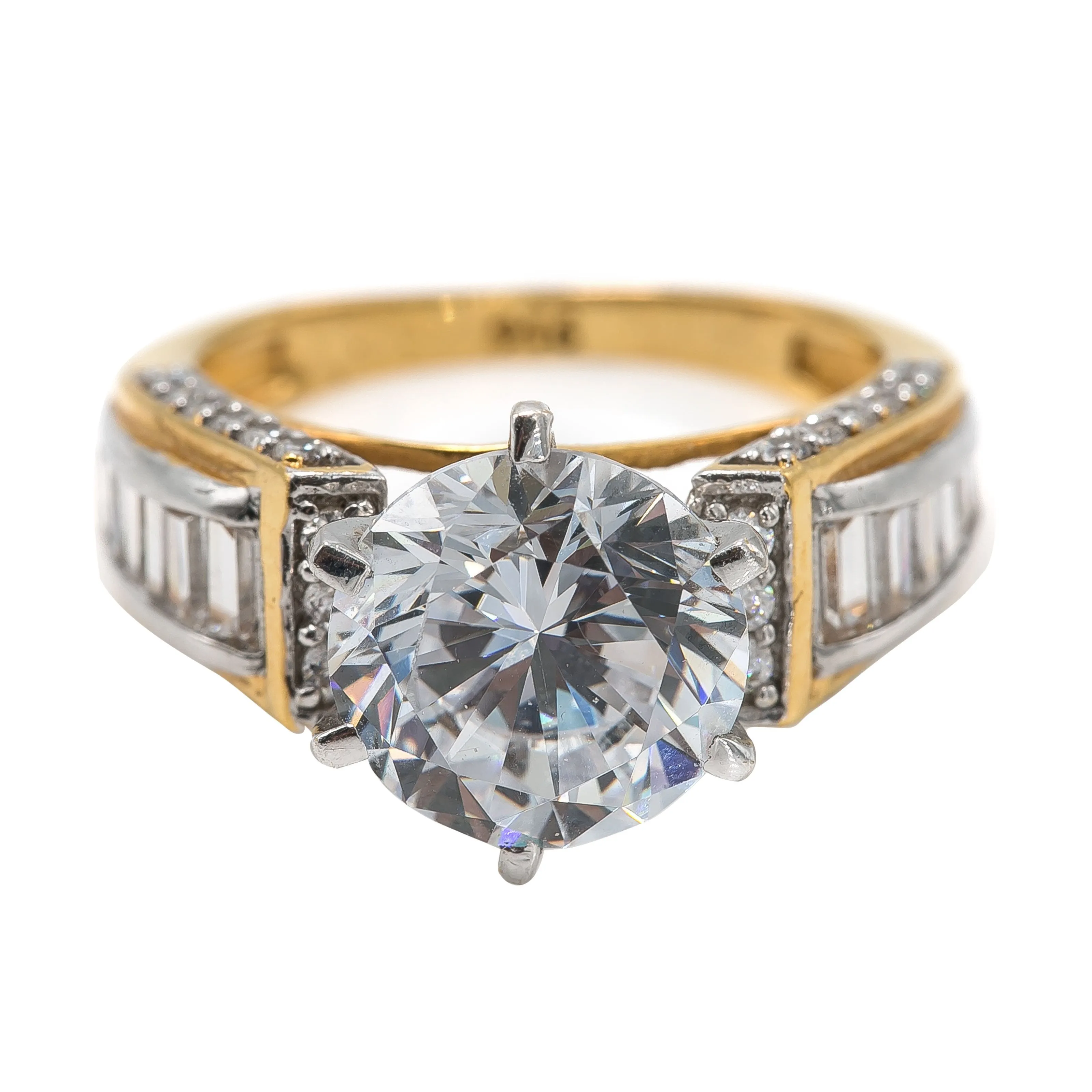 22K Multi Tone Gold Ring W/ Round & Baguette Cut CZ Gems