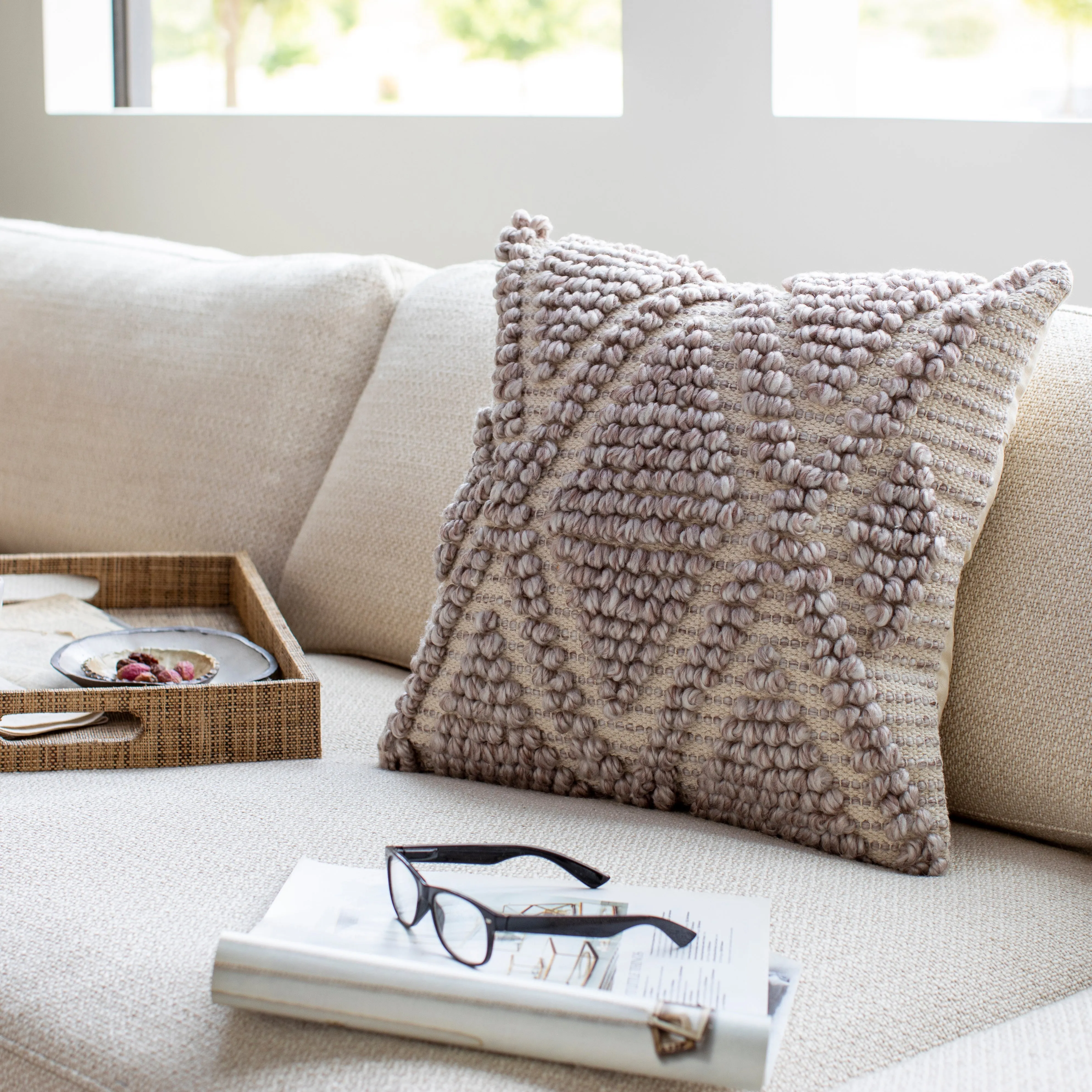 Anders Hand Woven Square Pillow Cream, Light Gray, Khaki