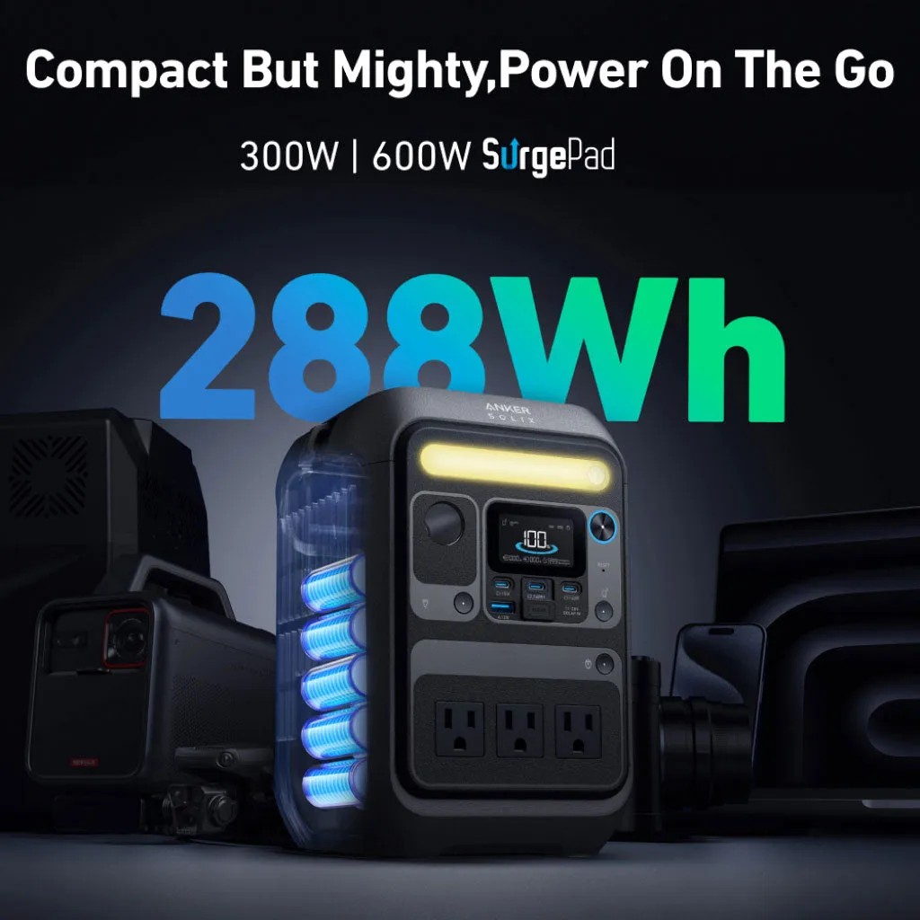 Anker SOLIX C300X Portable Power Station - 288Wh | 300W with Carry Strap   FREE Anker 100W USB-C Cable