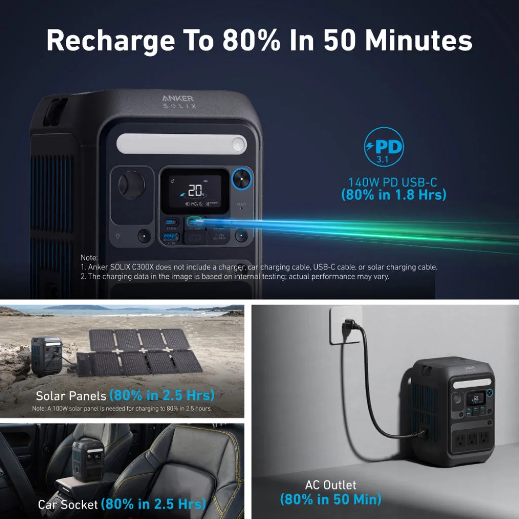 Anker SOLIX C300X Portable Power Station - 288Wh | 300W with Carry Strap   FREE Anker 100W USB-C Cable
