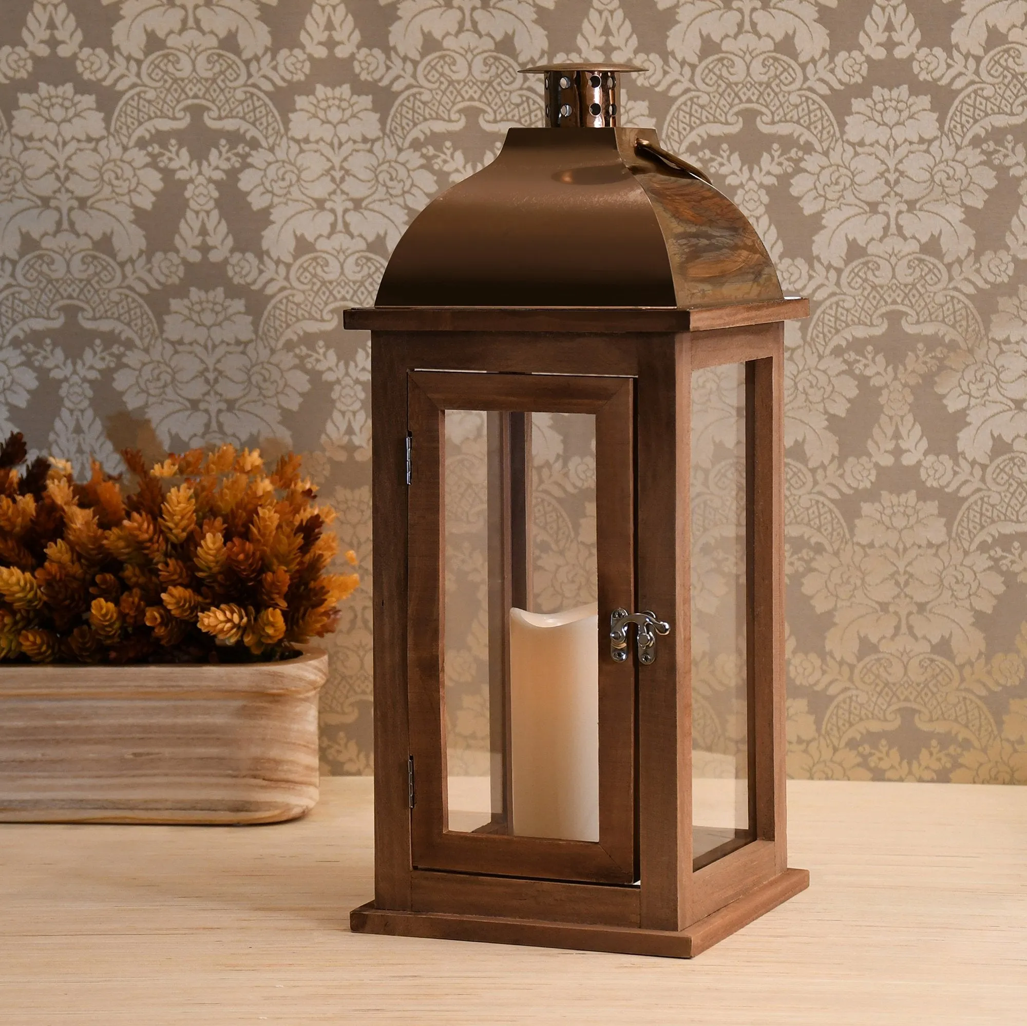 Brown Wooden Lantern with Copper Roof and LED Candle