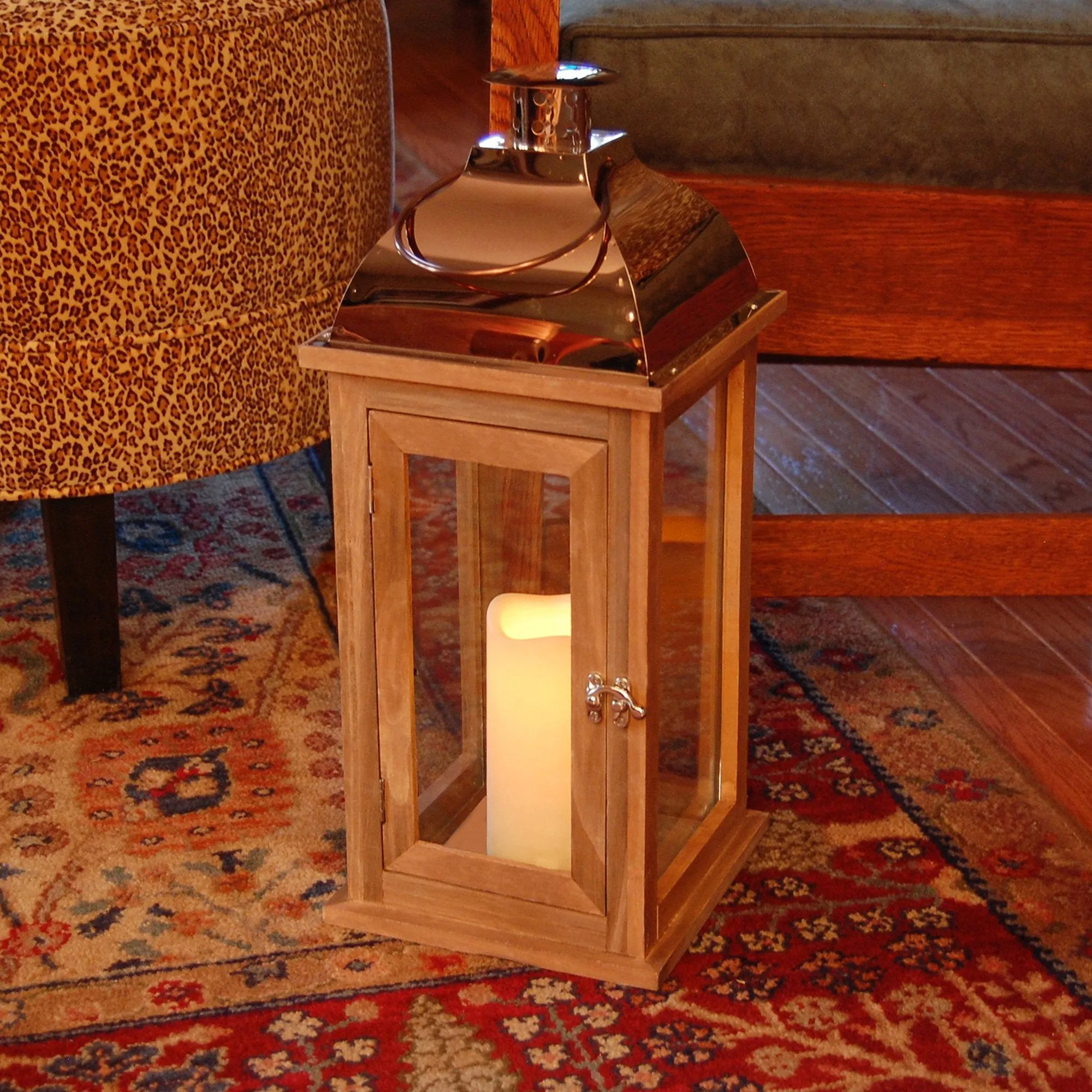 Brown Wooden Lantern with Copper Roof and LED Candle