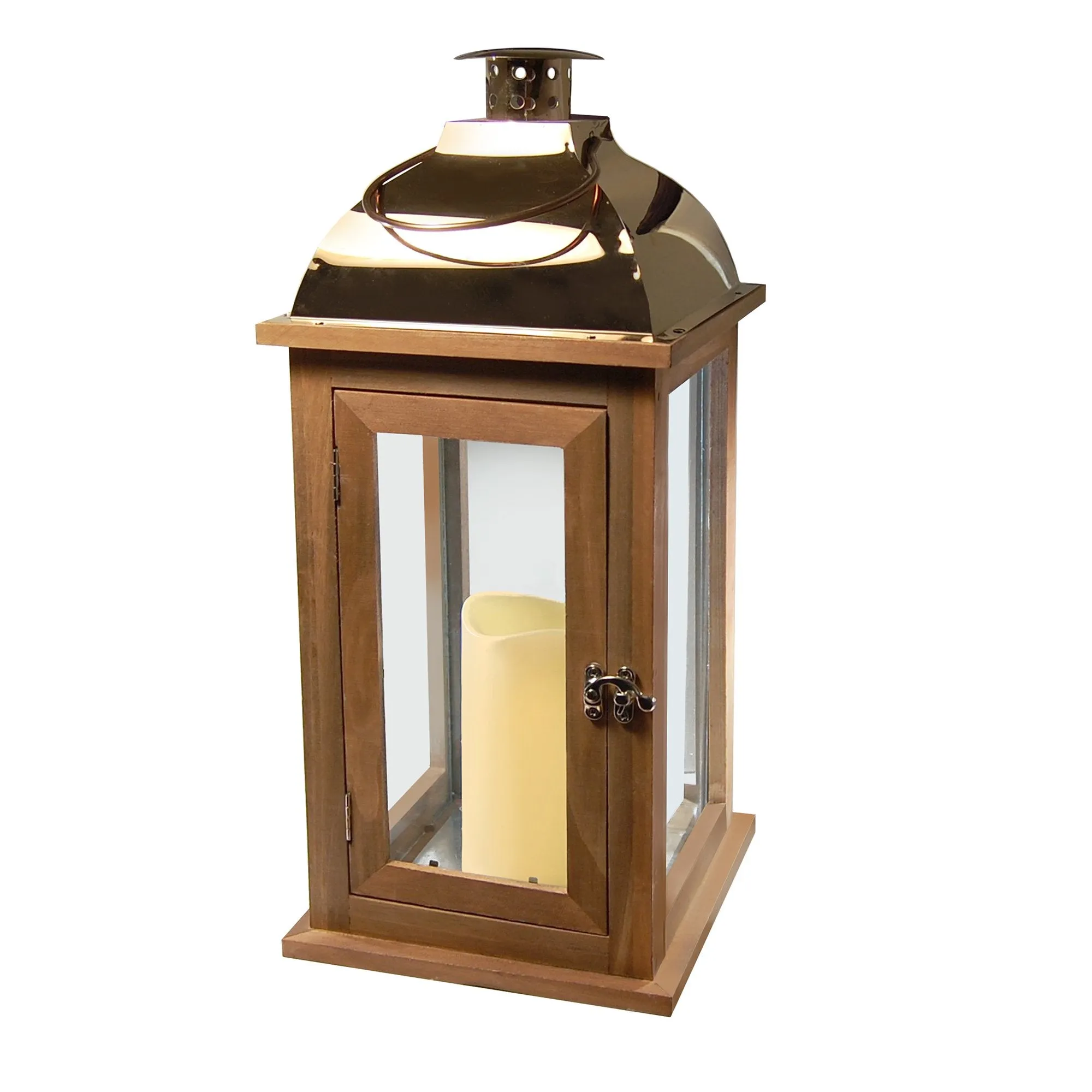 Brown Wooden Lantern with Copper Roof and LED Candle
