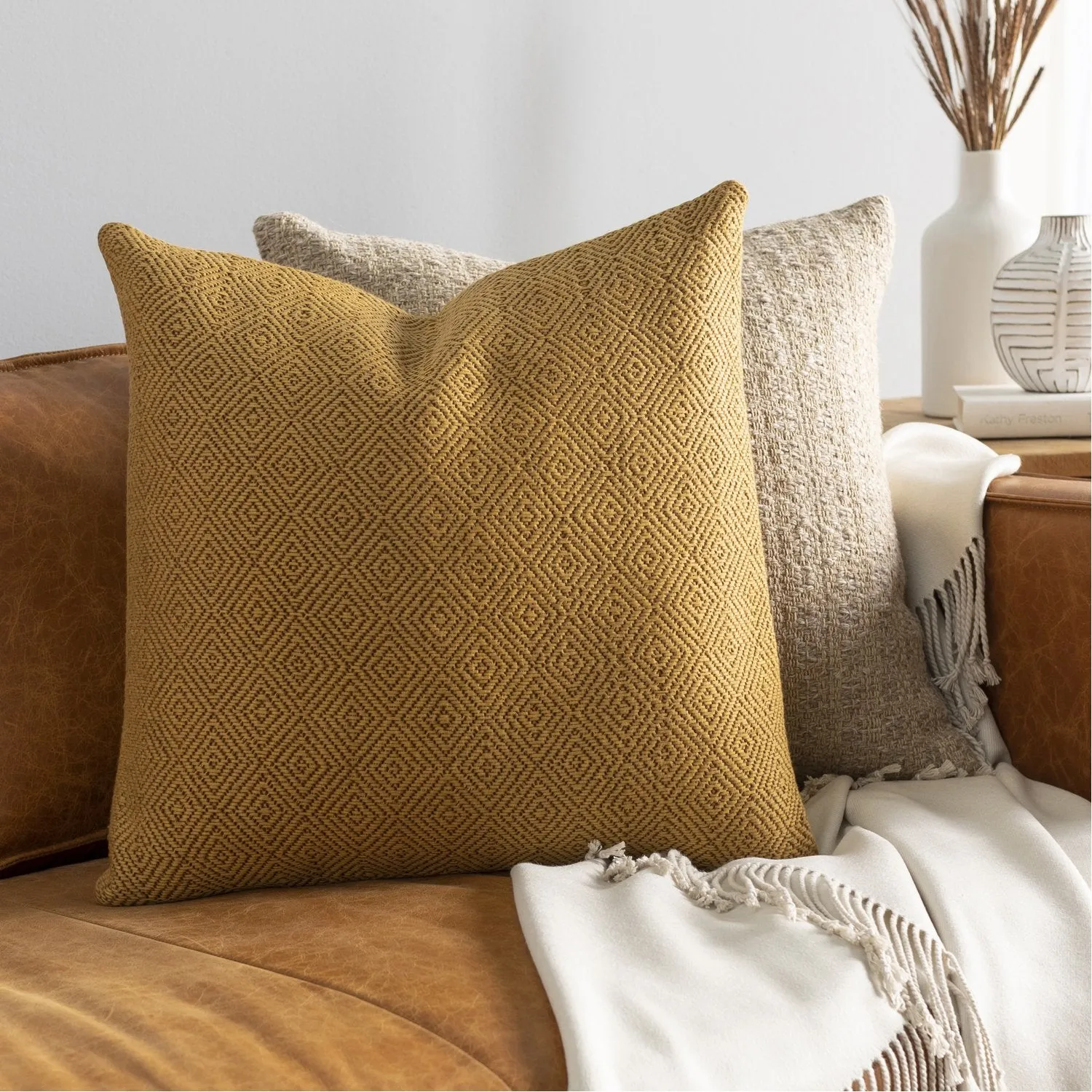 Camilla Hand Woven Square Pillow Mustard, Olive, Camel