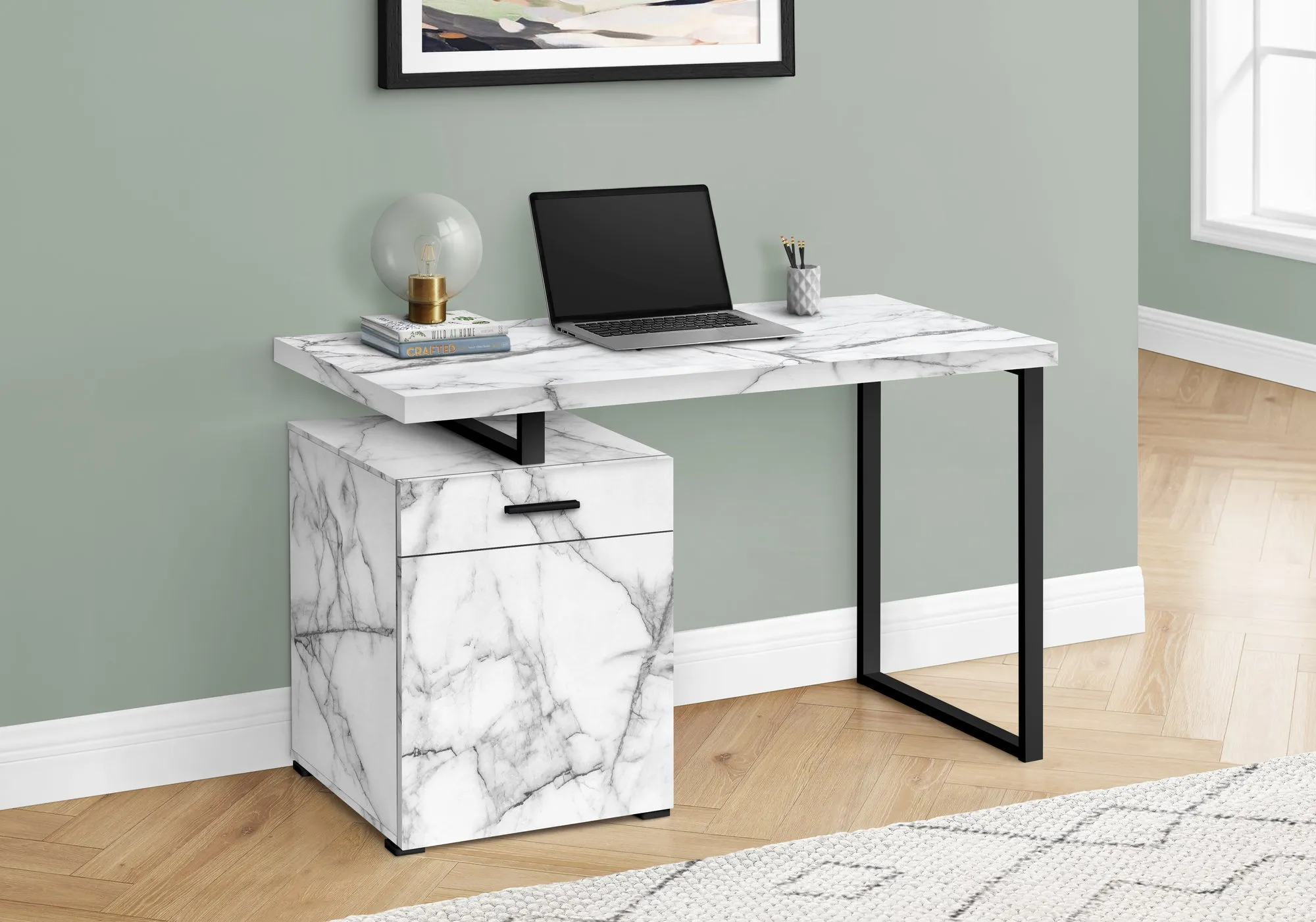 Computer Desk, Home Office, Laptop, Left, Right Set-up, Storage Drawers, 48"l, Work, White Marble Look Laminate, Black Metal, Contemporary, Modern