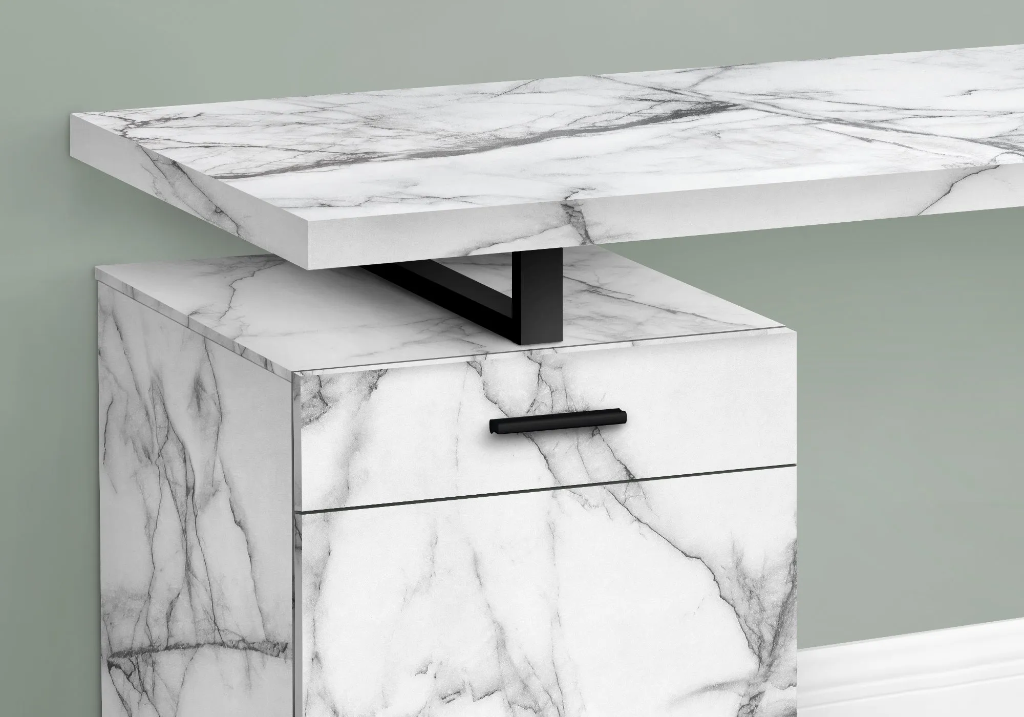 Computer Desk, Home Office, Laptop, Left, Right Set-up, Storage Drawers, 48"l, Work, White Marble Look Laminate, Black Metal, Contemporary, Modern