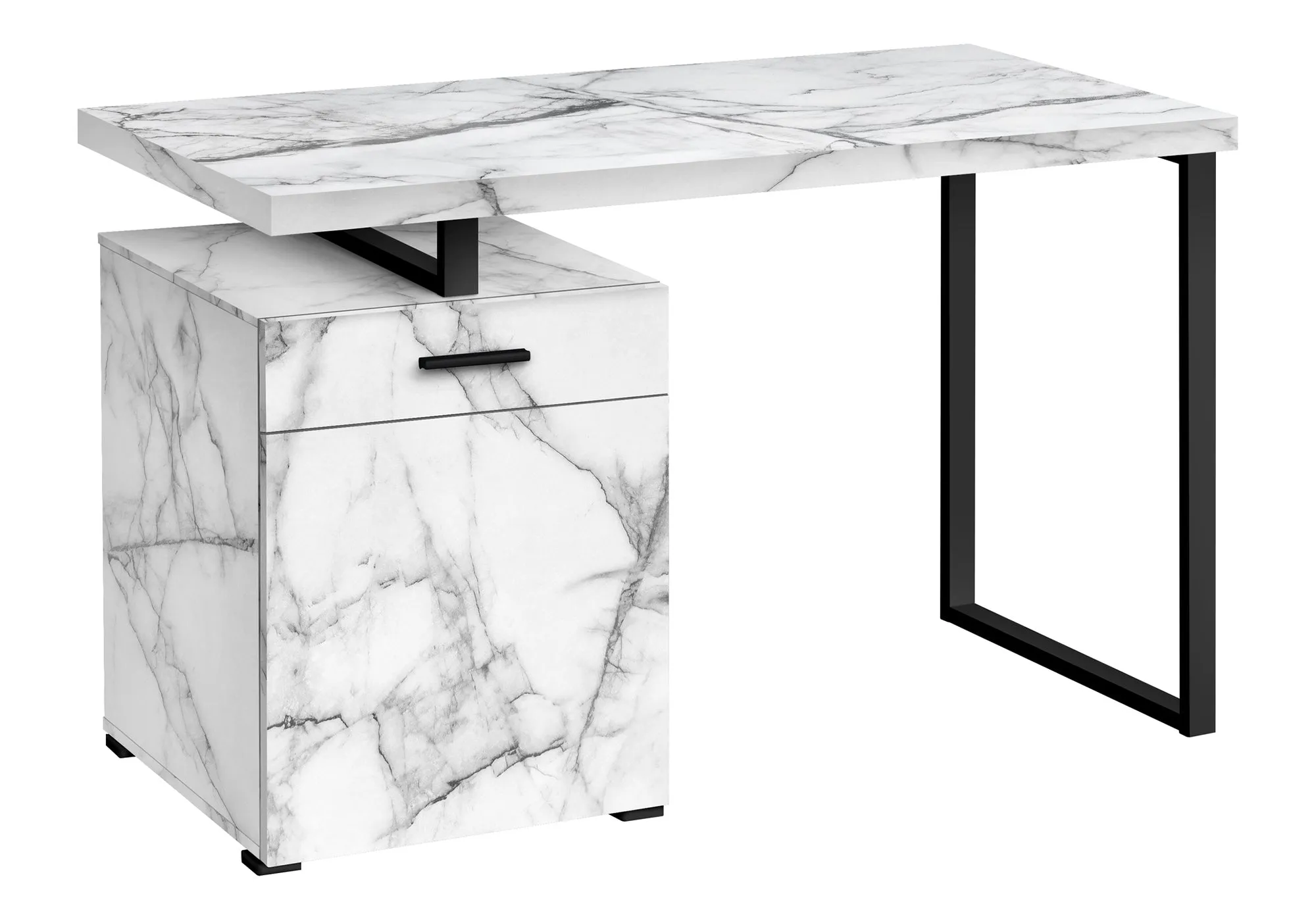 Computer Desk, Home Office, Laptop, Left, Right Set-up, Storage Drawers, 48"l, Work, White Marble Look Laminate, Black Metal, Contemporary, Modern