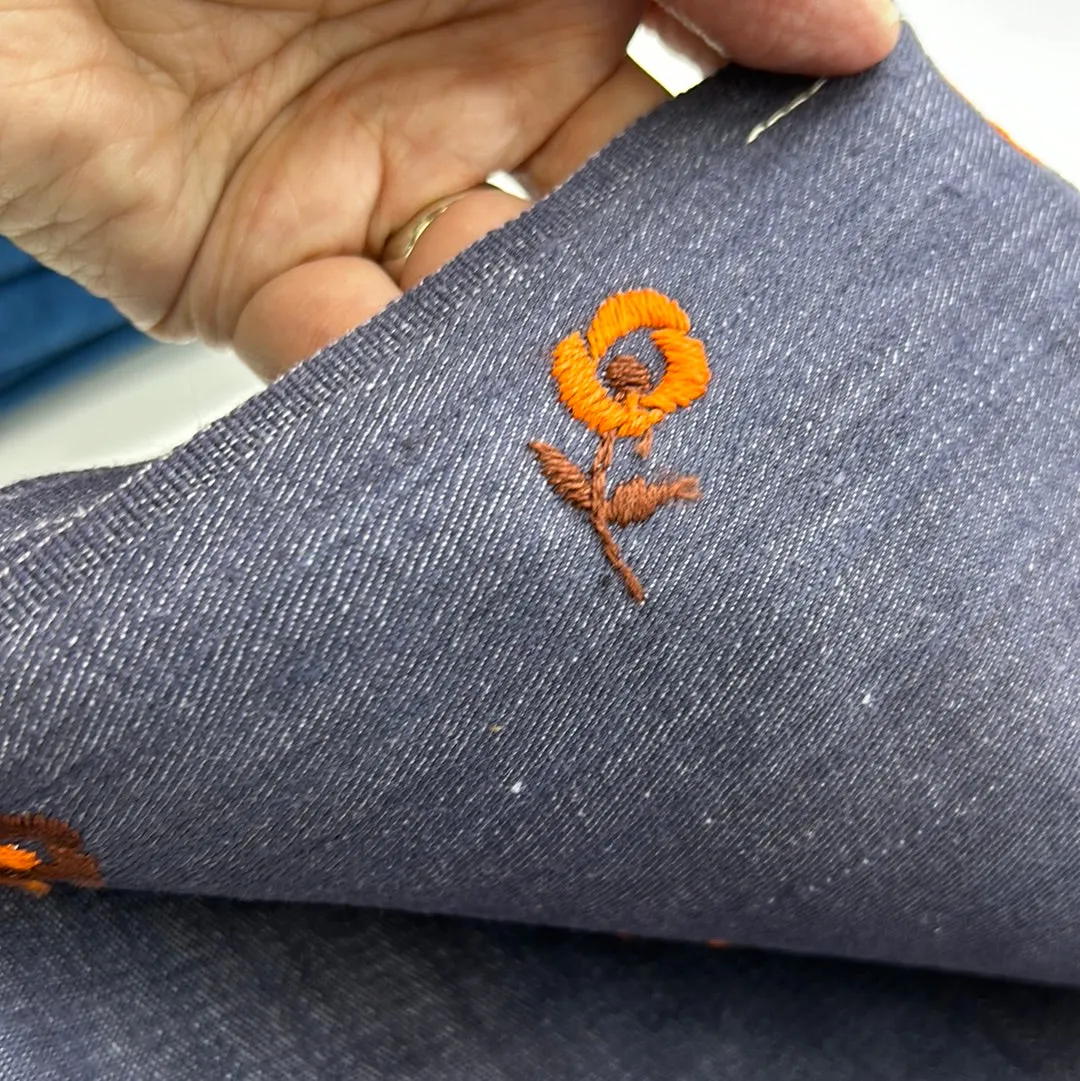 Cotton Denim, Indigo & Orange Floral (WDT0202)