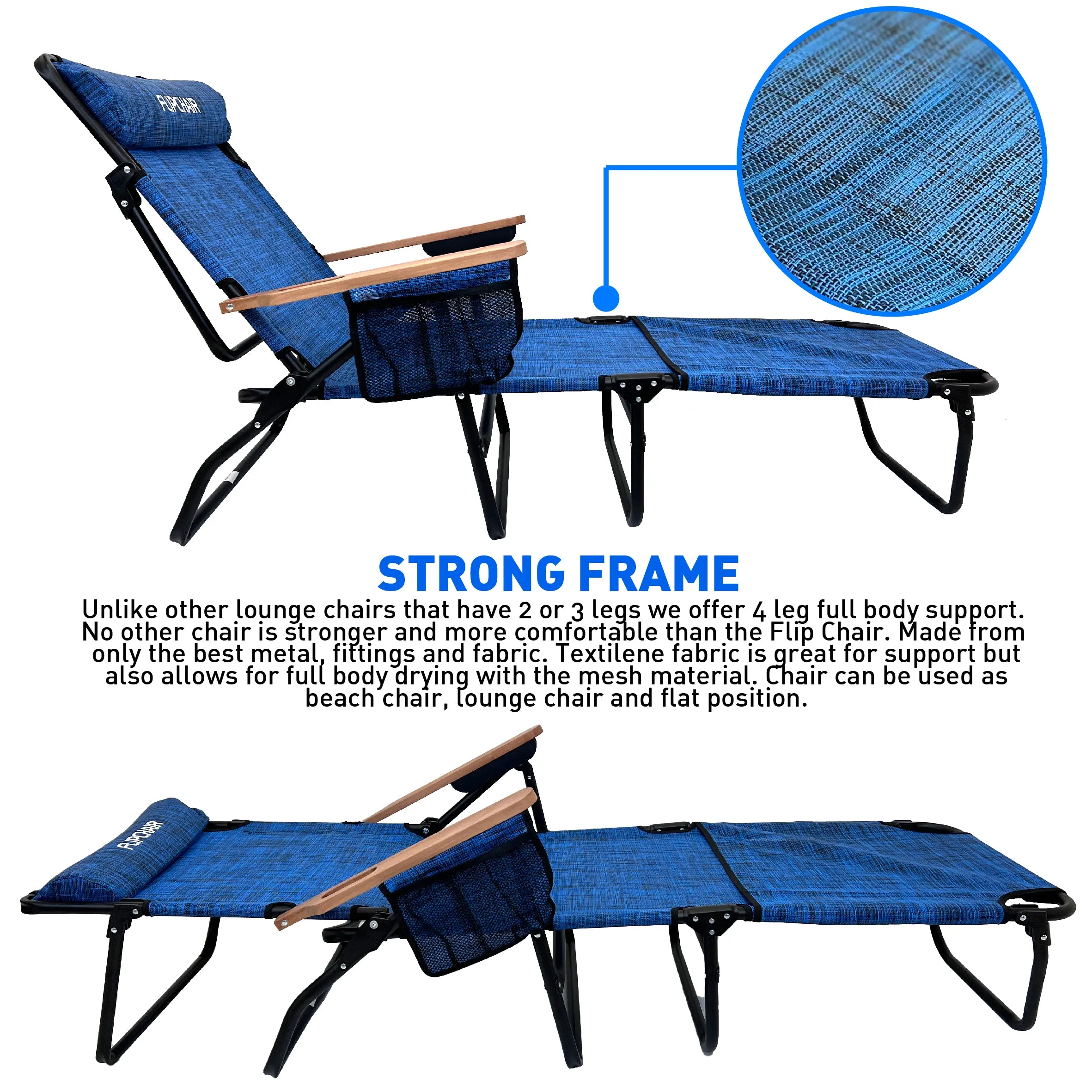 EasyGo Product FLIP Face Down Tanning Chaise Lounge Chair with Face & Arm Holes - 4 Legs Support - Textilene Material - 6 Position - Arm Head Rest Pillow - Beach or Home Use - PATENTS Pending, Blue