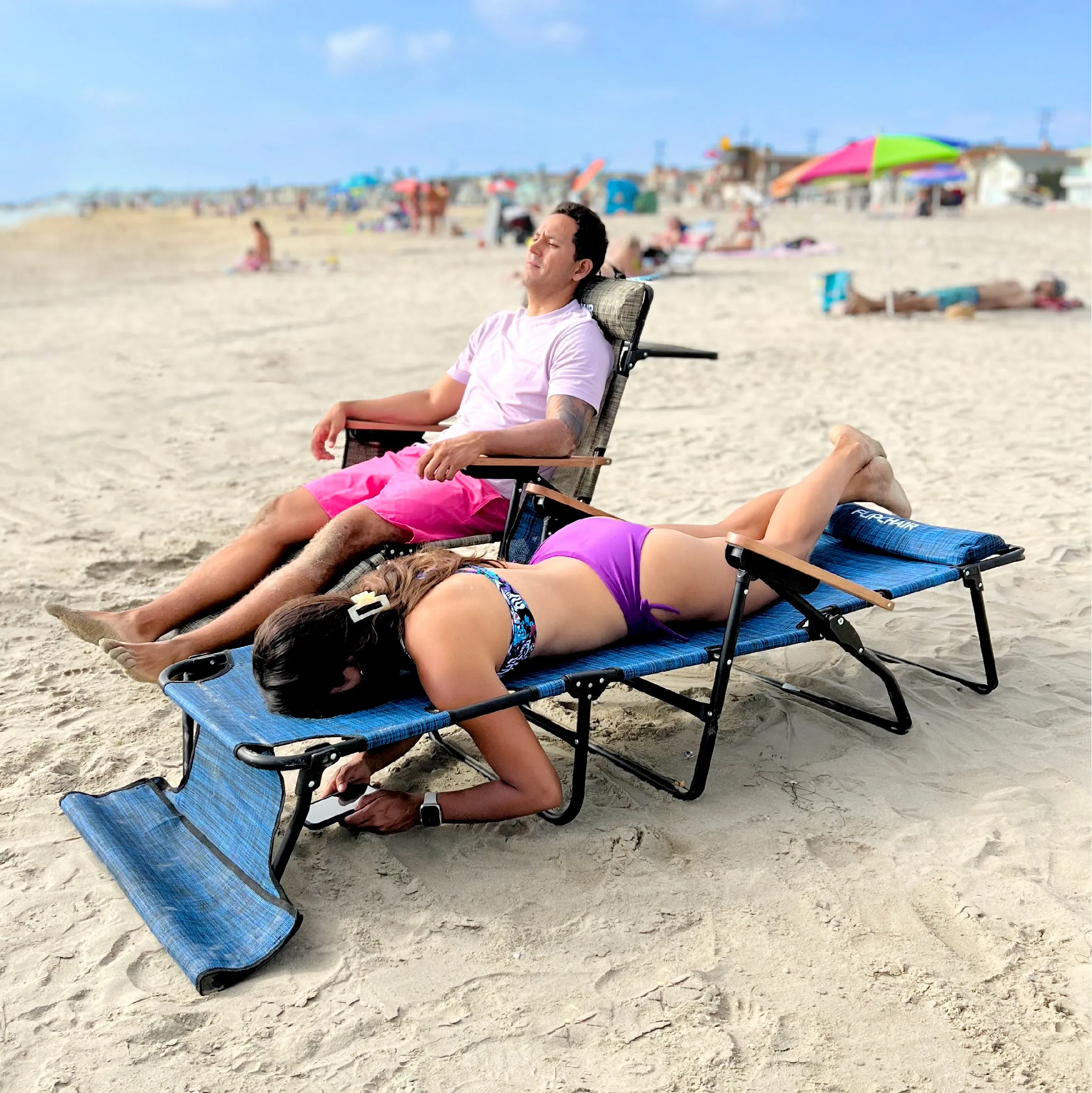 EasyGo Product FLIP Face Down Tanning Chaise Lounge Chair with Face & Arm Holes - 4 Legs Support - Textilene Material - 6 Position - Arm Head Rest Pillow - Beach or Home Use - PATENTS Pending, Blue