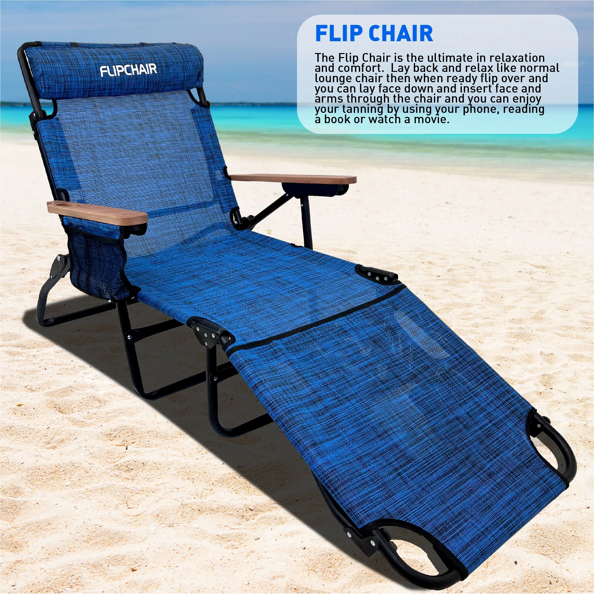 EasyGo Product FLIP Face Down Tanning Chaise Lounge Chair with Face & Arm Holes - 4 Legs Support - Textilene Material - 6 Position - Arm Head Rest Pillow - Beach or Home Use - PATENTS Pending, Blue