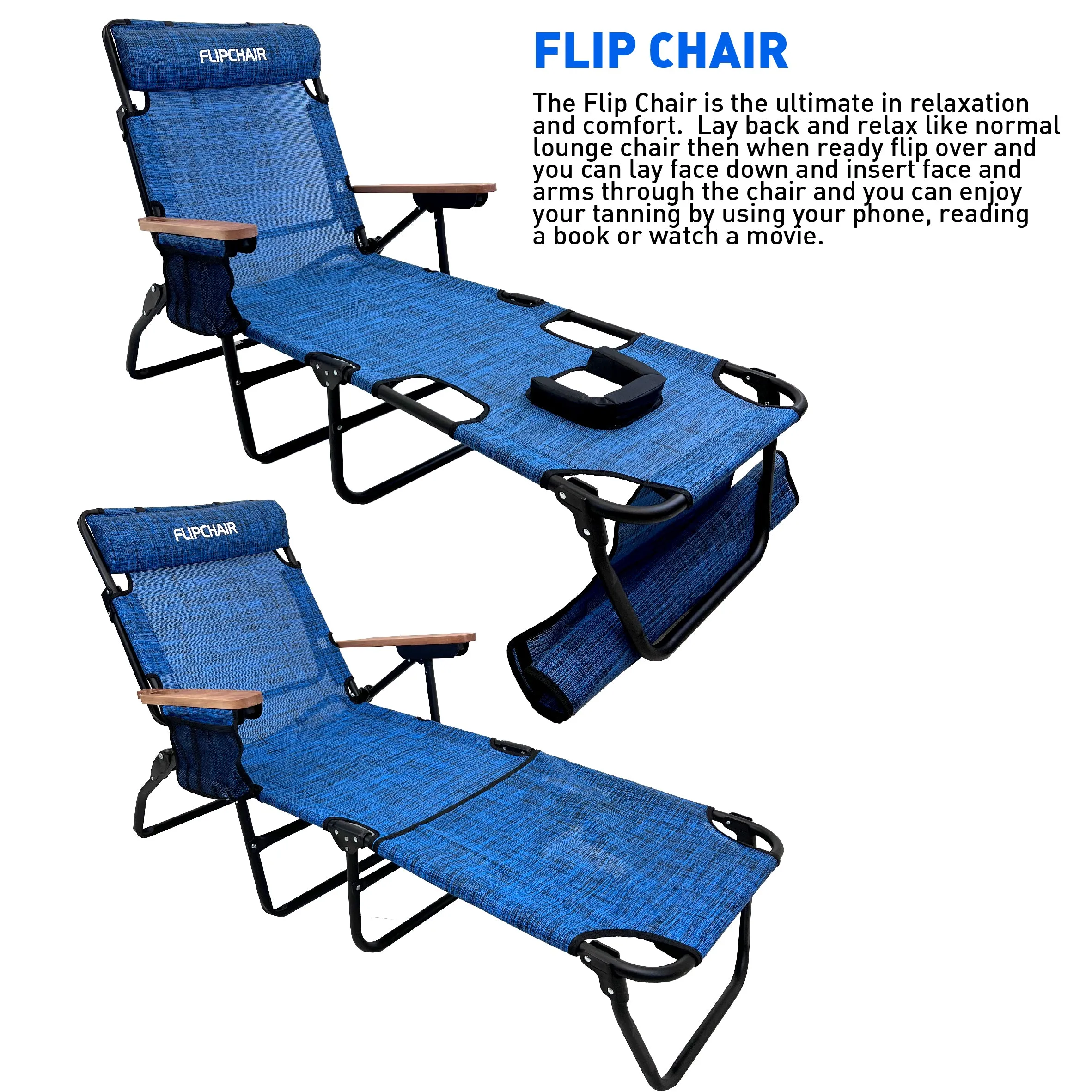 EasyGo Product FLIP Face Down Tanning Chaise Lounge Chair with Face & Arm Holes - 4 Legs Support - Textilene Material - 6 Position - Arm Head Rest Pillow - Beach or Home Use - PATENTS Pending, Blue