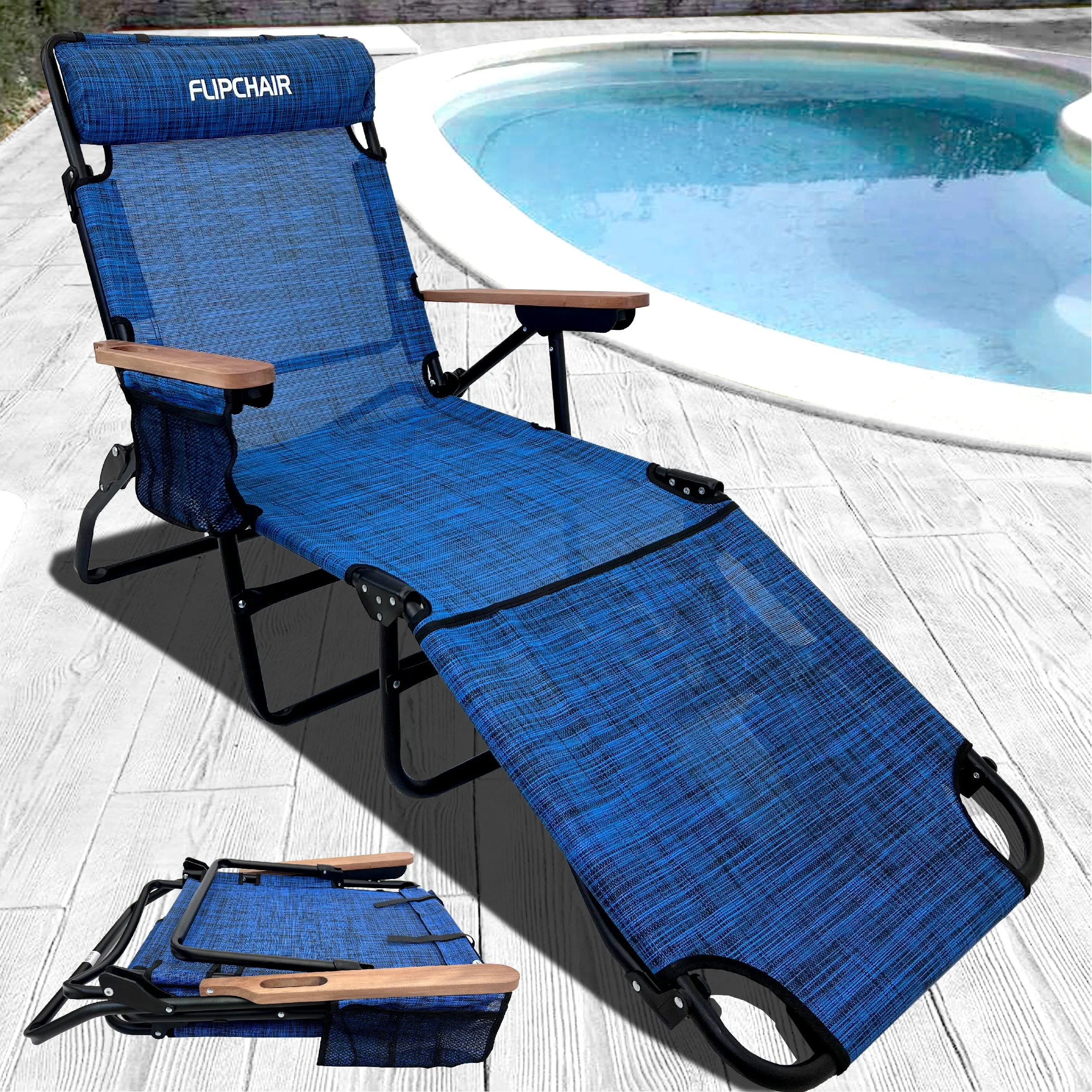 EasyGo Product FLIP Face Down Tanning Chaise Lounge Chair with Face & Arm Holes - 4 Legs Support - Textilene Material - 6 Position - Arm Head Rest Pillow - Beach or Home Use - PATENTS Pending, Blue