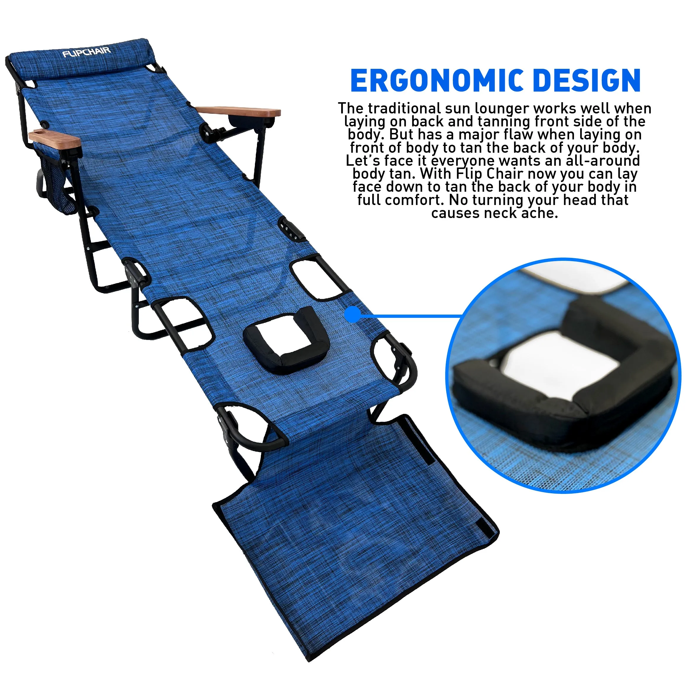 EasyGo Product FLIP Face Down Tanning Chaise Lounge Chair with Face & Arm Holes - 4 Legs Support - Textilene Material - 6 Position - Arm Head Rest Pillow - Beach or Home Use - PATENTS Pending, Blue