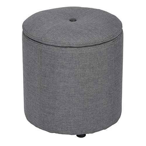 Grey Fabric Round Storage Accent One Button-Tufted Ottoman