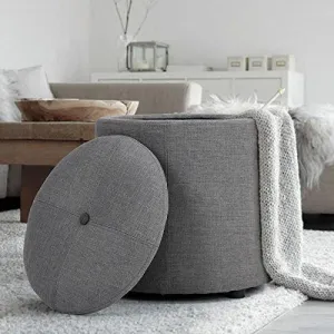 Grey Fabric Round Storage Accent One Button-Tufted Ottoman