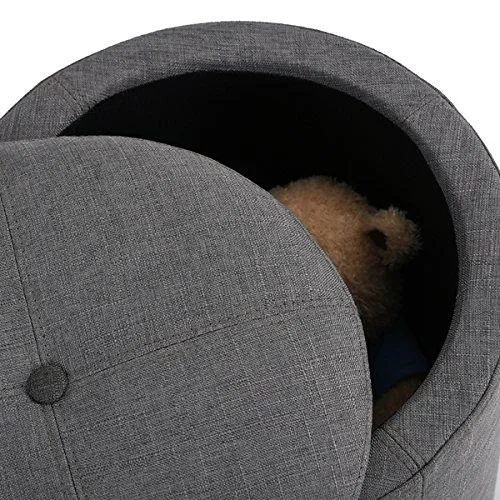 Grey Fabric Round Storage Accent One Button-Tufted Ottoman