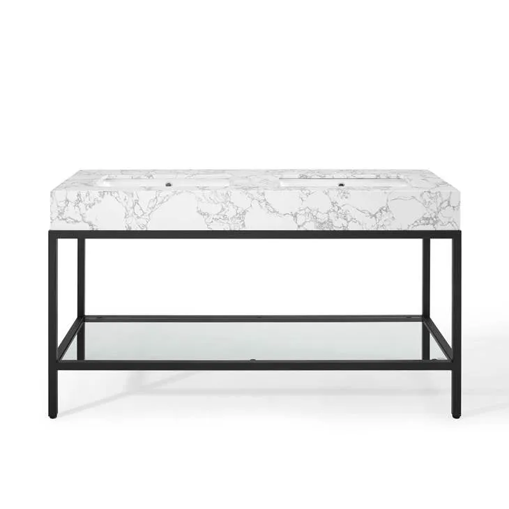 Kingsley 60" Black Stainless Steel Bathroom Vanity Black White