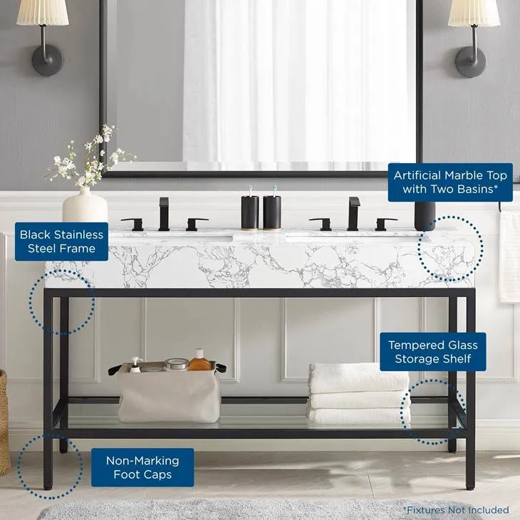 Kingsley 60" Black Stainless Steel Bathroom Vanity Black White