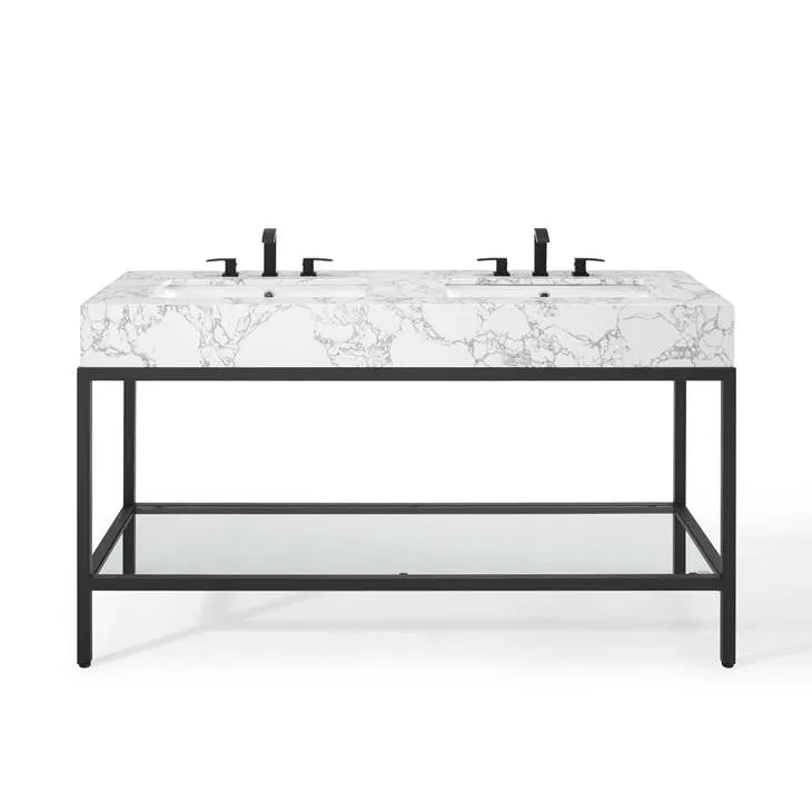Kingsley 60" Black Stainless Steel Bathroom Vanity Black White