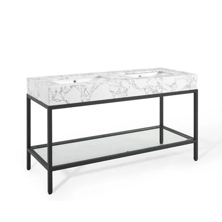Kingsley 60" Black Stainless Steel Bathroom Vanity Black White