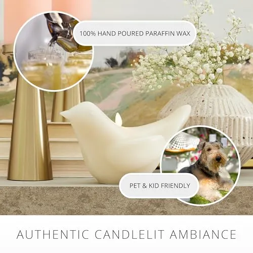 Luminara - Chalk Flameless Candle Modern Bird Figural, Real Wax Moving Flame LED Candle with Timer, Spring Decoration Tablescape - 8.5"x5"