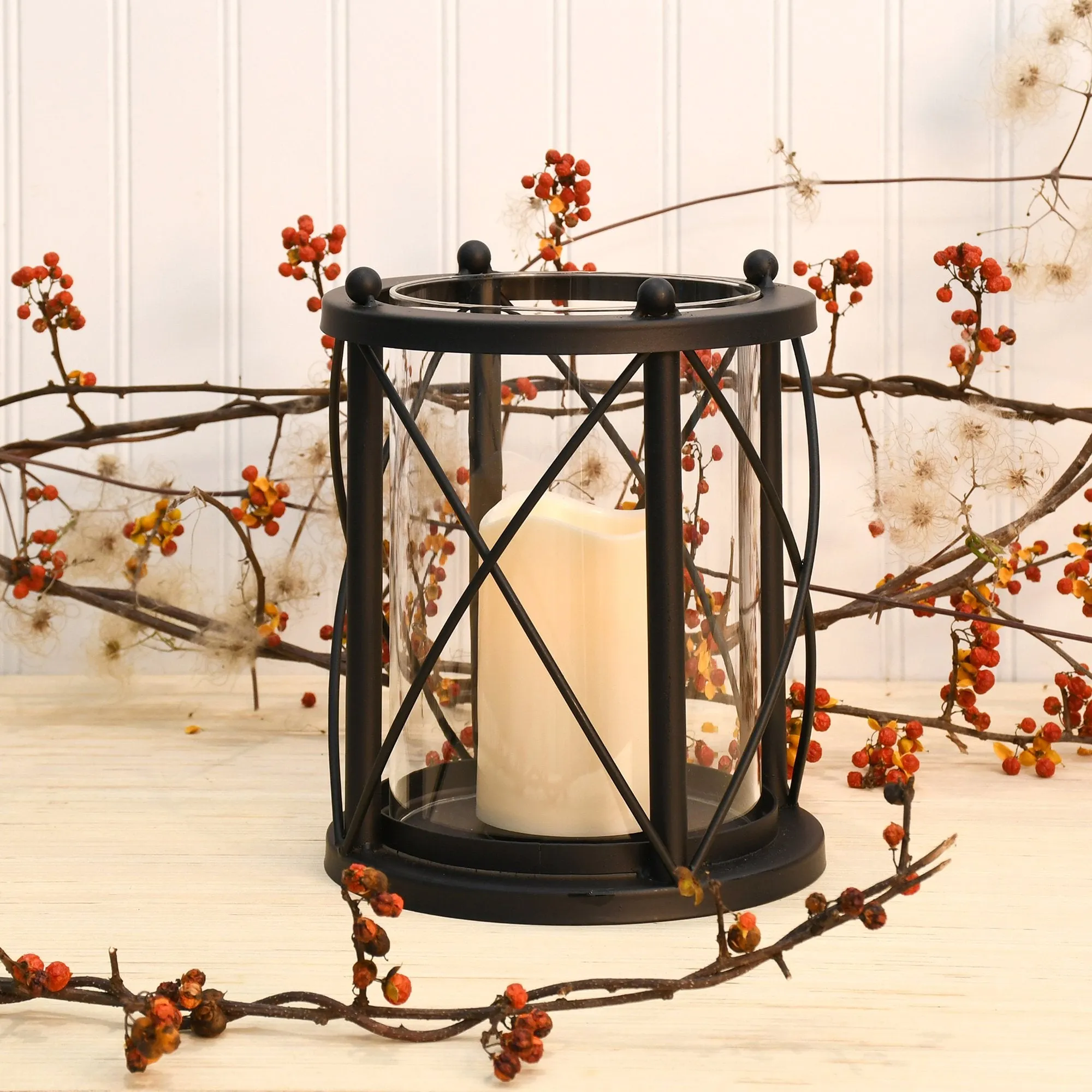 Metal and Glass Hurricane with LED Candle