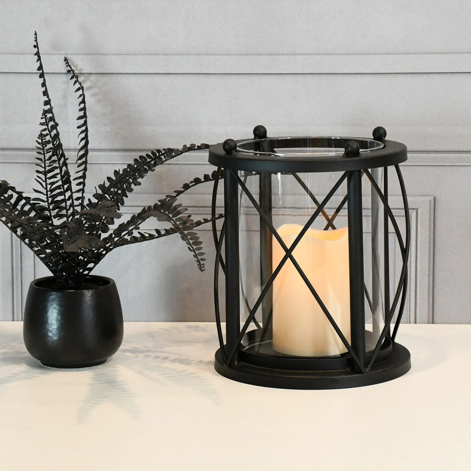 Metal and Glass Hurricane with LED Candle