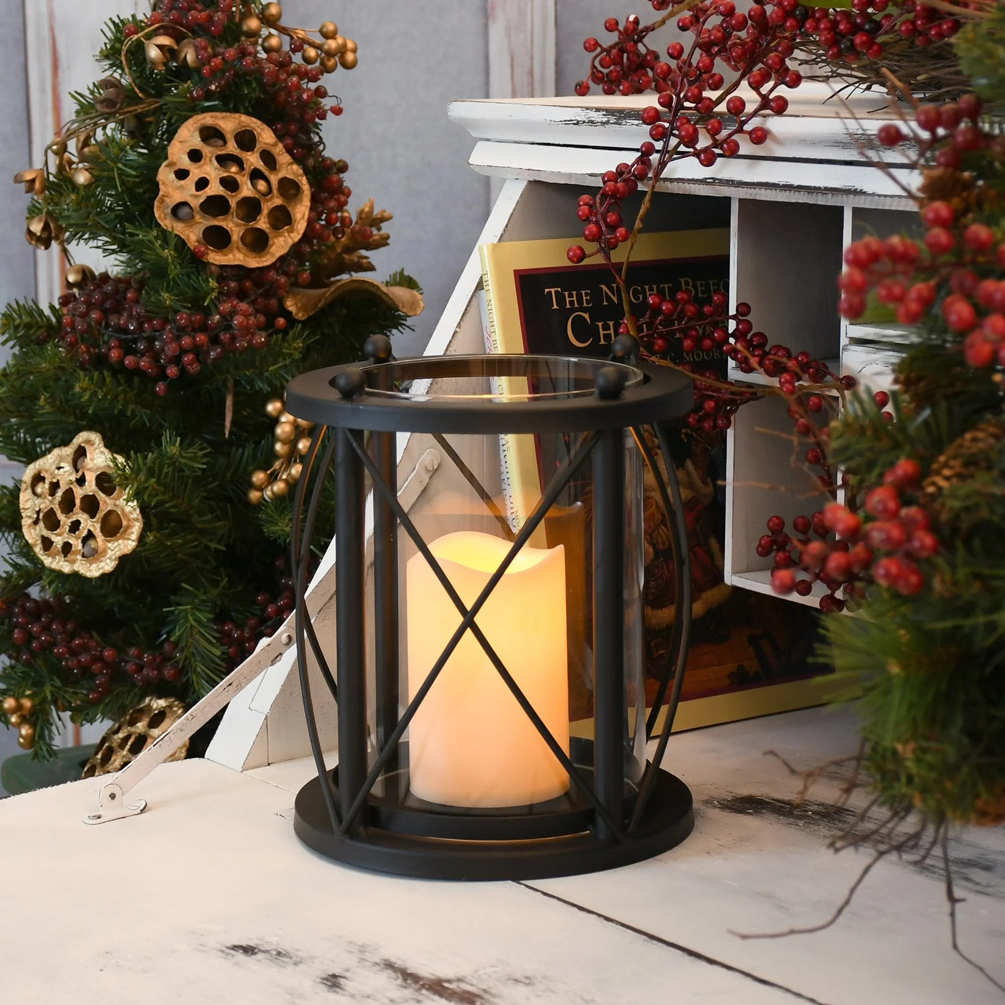 Metal and Glass Hurricane with LED Candle