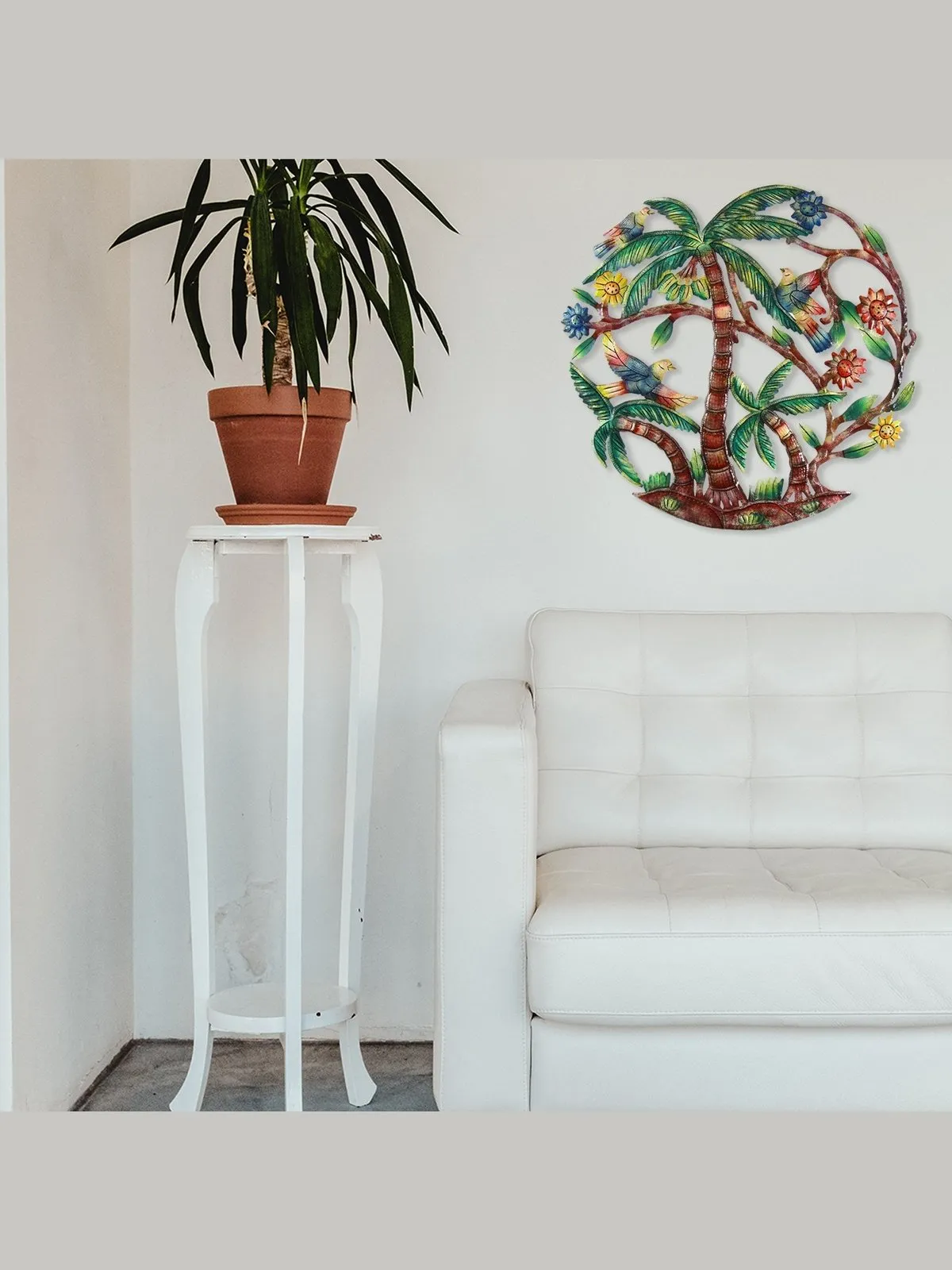 Palm Tree Scene Haitian Metal Drum Wall Art, 24"