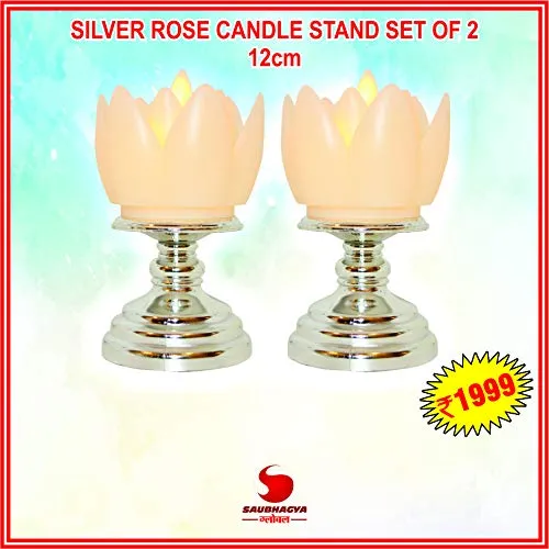 Saubhagya Global Electronic Battery Operated Acrylic Silver Flame Less LED Rose Candle Stand (Silver, 2)