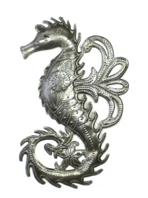 Seashorse Nautical Haitian Metal Drum Wall Art (12" x 8")