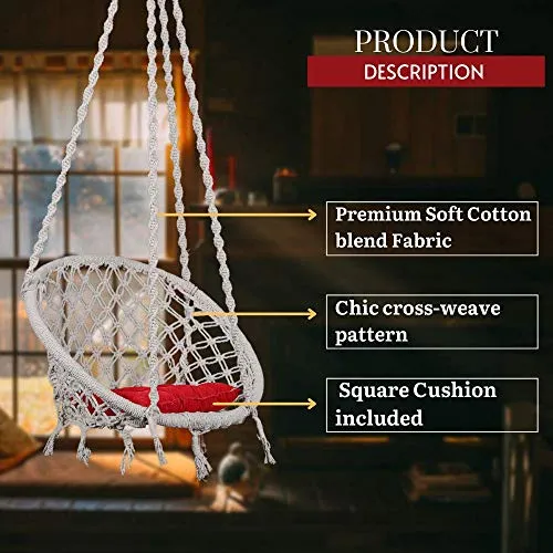 Swingzy Cotton Round Hanging Swing for Kids & Adults,100% Cotton Rope Swing Chair with Square-Cushion for Indoor,Outdoor,Patio,Swing Chair with 3ft. Chain & Hanging Accessories(120 kgs Capacity,White)