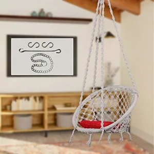 Swingzy Cotton Round Hanging Swing for Kids & Adults,100% Cotton Rope Swing Chair with Square-Cushion for Indoor,Outdoor,Patio,Swing Chair with 3ft. Chain & Hanging Accessories(120 kgs Capacity,White)