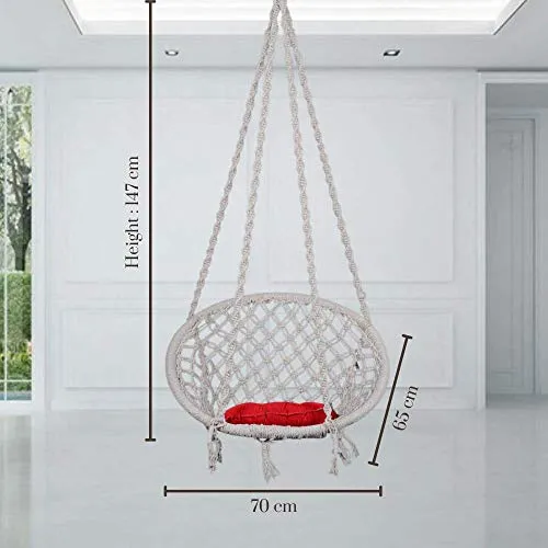 Swingzy Cotton Round Hanging Swing for Kids & Adults,100% Cotton Rope Swing Chair with Square-Cushion for Indoor,Outdoor,Patio,Swing Chair with 3ft. Chain & Hanging Accessories(120 kgs Capacity,White)