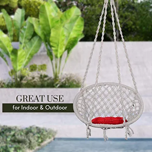 Swingzy Cotton Round Hanging Swing for Kids & Adults,100% Cotton Rope Swing Chair with Square-Cushion for Indoor,Outdoor,Patio,Swing Chair with 3ft. Chain & Hanging Accessories(120 kgs Capacity,White)