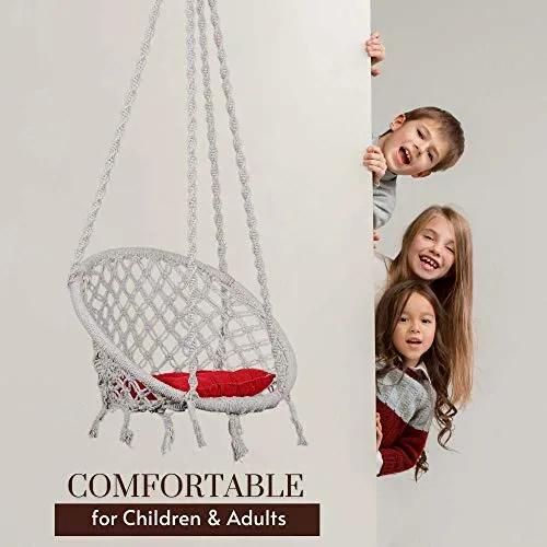 Swingzy Cotton Round Hanging Swing for Kids & Adults,100% Cotton Rope Swing Chair with Square-Cushion for Indoor,Outdoor,Patio,Swing Chair with 3ft. Chain & Hanging Accessories(120 kgs Capacity,White)
