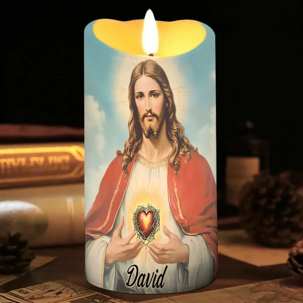 Teesdily | Custom Heart Of Jesus LED Candle Without Battery, Jesus Christ Cross Butterfly Flower Faith LED Candle Christmas Gift