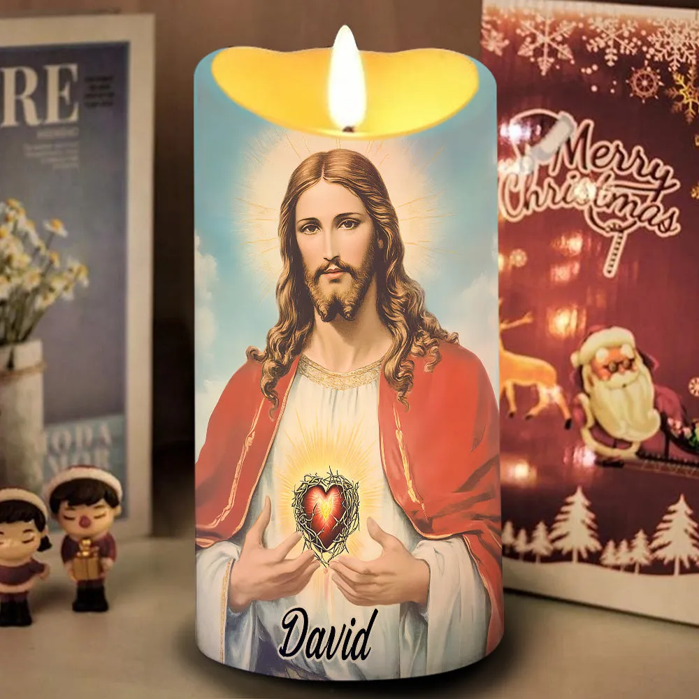 Teesdily | Custom Heart Of Jesus LED Candle Without Battery, Jesus Christ Cross Butterfly Flower Faith LED Candle Christmas Gift