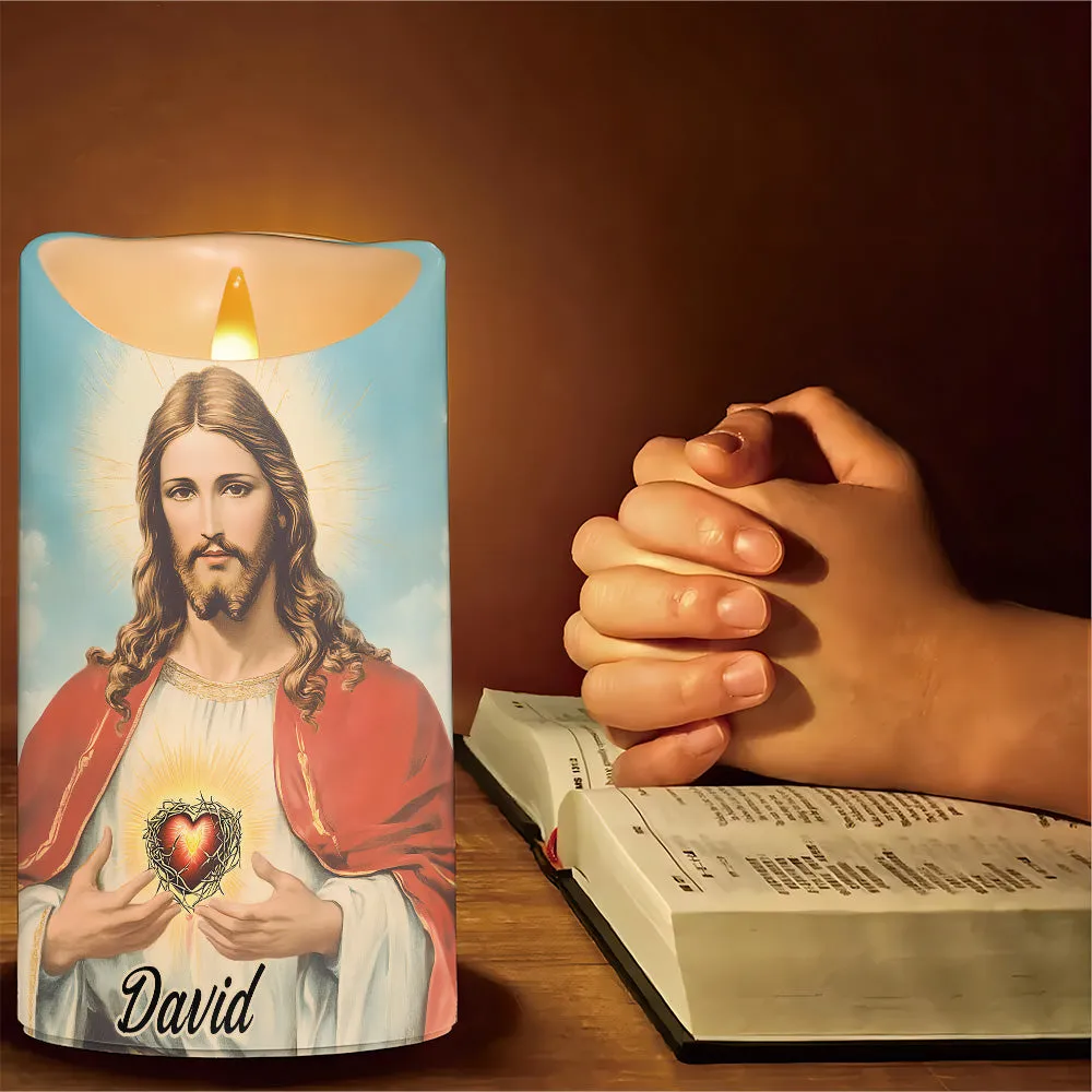 Teesdily | Custom Heart Of Jesus LED Candle Without Battery, Jesus Christ Cross Butterfly Flower Faith LED Candle Christmas Gift