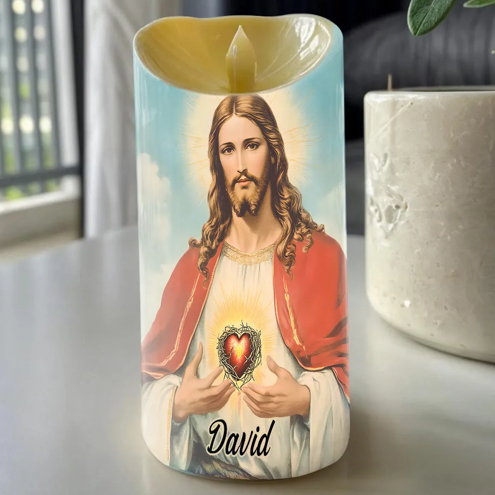 Teesdily | Custom Heart Of Jesus LED Candle Without Battery, Jesus Christ Cross Butterfly Flower Faith LED Candle Christmas Gift