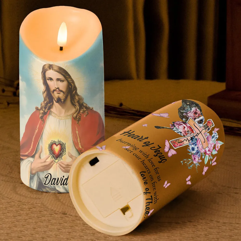 Teesdily | Custom Heart Of Jesus LED Candle Without Battery, Jesus Christ Cross Butterfly Flower Faith LED Candle Christmas Gift