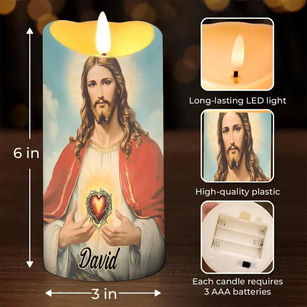 Teesdily | Custom Heart Of Jesus LED Candle Without Battery, Jesus Christ Cross Butterfly Flower Faith LED Candle Christmas Gift