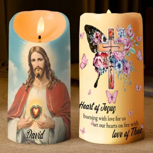 Teesdily | Custom Heart Of Jesus LED Candle Without Battery, Jesus Christ Cross Butterfly Flower Faith LED Candle Christmas Gift