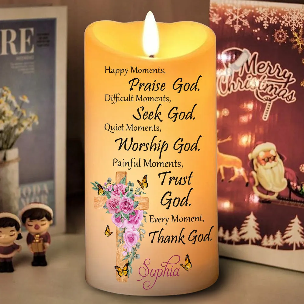 Teesdily | Customized Jesus Christ Cross Floral LED Candle No Battery, Flowers Bible Verse Prayers Religious Christmas Gift