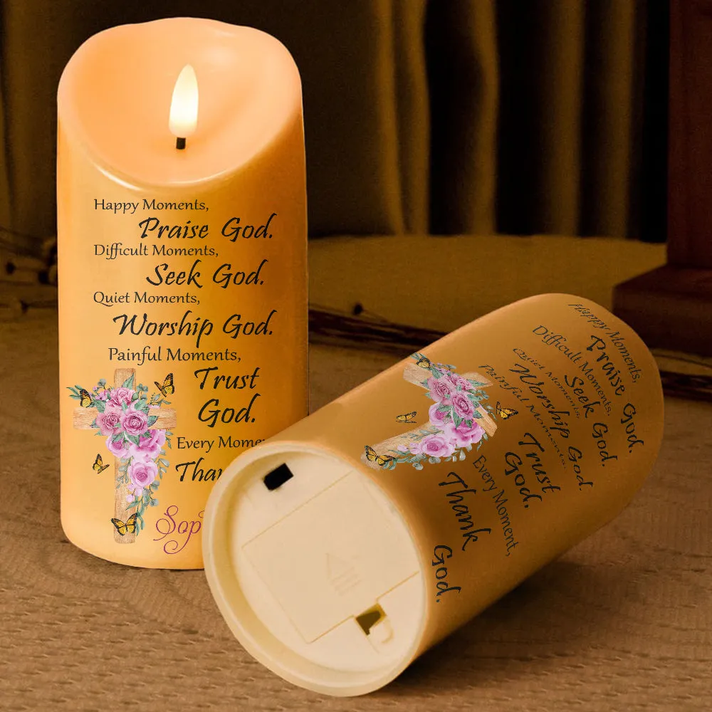 Teesdily | Customized Jesus Christ Cross Floral LED Candle No Battery, Flowers Bible Verse Prayers Religious Christmas Gift