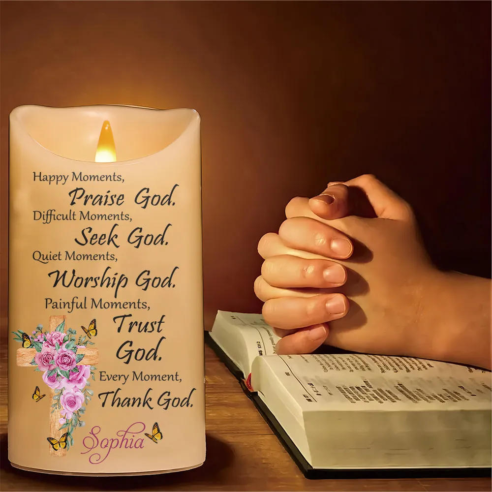 Teesdily | Customized Jesus Christ Cross Floral LED Candle No Battery, Flowers Bible Verse Prayers Religious Christmas Gift