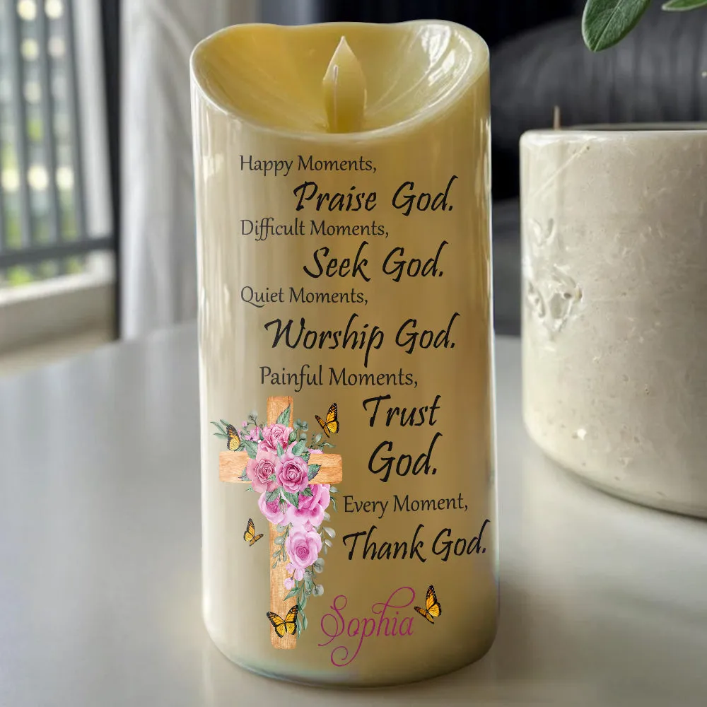 Teesdily | Customized Jesus Christ Cross Floral LED Candle No Battery, Flowers Bible Verse Prayers Religious Christmas Gift